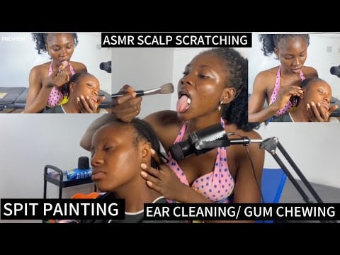 ASMR EAR CLEANING SPIT PAINTING, SCALP SCRATCHING EAR EATING WITH GUM CHEWING FOR SLEEP