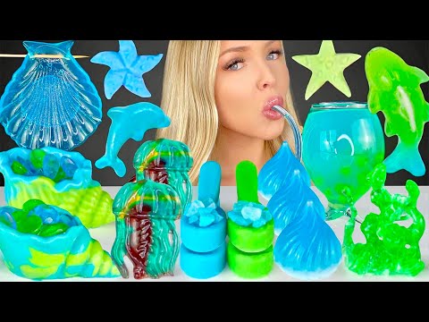 ASMR Blue And Green Food, Jellyfish, Chocolate Shell, Sour Spray, Green Apple Jelly Boba Mukbang 먹방