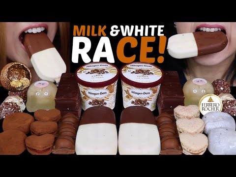 ASMR MILK & WHITE CHOCOLATE RACE! BIG FRESH CREAM MOCHI, ICE CREAM DUO BARS, FERRERO, HEART MACARONS