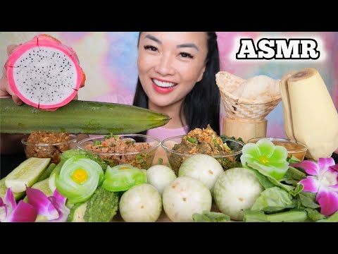 ASMR SPICY THAI DIPPING SAUCE + FRESH VEGGIES + DESSERT (EATING SOUNDS) LIGHT WHISPERS | SAS-ASMR