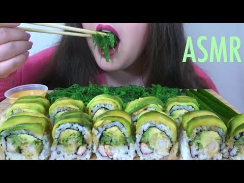 ASMR Sushi Platter [Green Dragon Roll + Seaweed Salad] SATISFYING Eating Sounds