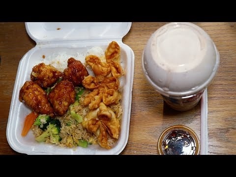 General Tos Chicken Fried Rice With Chocolate Frosty ASMR Eating Sounds