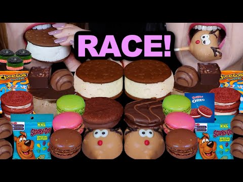 ASMR LEFTOVER DESSERT RACE! CAKE POPS, FERRERO, RED VELVET OREO, ICE CREAM, RAINBOW MACARONS, GUMMY