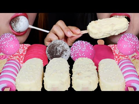 ASMR PINK & WHITE CAKE POPS, GIANT WHITE CHOCOLATE STRAWBERRY CRISP ICE CREAM BARS, ALOE VERA JELLY
