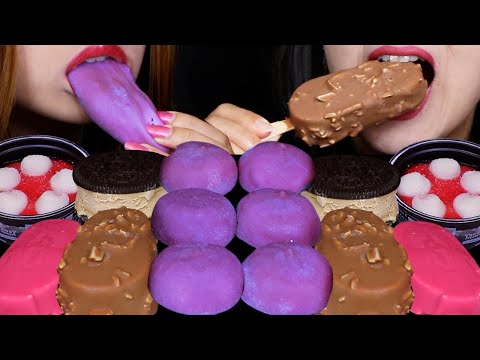 ASMR ICE CREAM PARTY! PURPLE UBE MOCHI ICE CREAM, CHOCOLATE STRAWBERRY MOCHI SUNDAE, OREO SANDWICHES