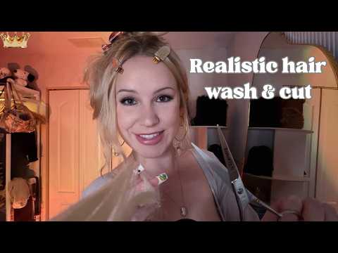 ASMR Realistic hair wash & cut 💇(with bracelets, long nails, & faucet sounds)