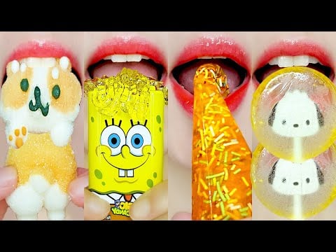 Orange & Yellow ASMR 🧡💛 Squeezing Tube, Crunchy Jelly & Character Mukbang
