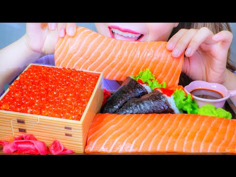 ASMR EATING RAW SALMON EGGS WITH RICE X SALMON SASHIMI X SUSHI CORN , EATING SOUND | LINH-ASMR