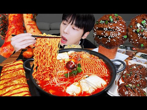 ASMR MUKBANG | 직접 만든 순두부 열라면 먹방 & 레시피 계란 통스팸, 버섯, 김치 | FIRE NOODLES EATING