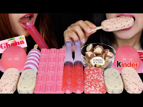 ASMR PINK FROG EGG JELLY SHOOTERS, WHITE CHOCOLATE STRAWBERRY ICE CREAM BARS, KINDER, FERRERO 먹방