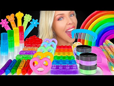 ASMR RAINBOW JELLO, EDIBLE LIP BALM, EYE SHADOW, LEGO CANDY, CHOCOLATE COVERED PRETZELS MUKBANG 먹방