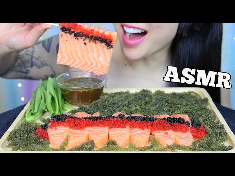 ASMR SALMON SASHIMI, TOBIKO SEAGRAPES, SEAFOOD SAUCE (CRUNCHY EATING SOUND) NO TALKING | SAS-ASMR