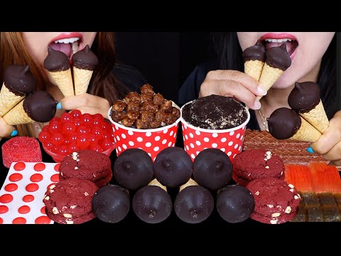 ASMR MINI CHOCOLATE ICE CREAM CONES, STRAWBERRY POPPING BOBA, RED VELVET COOKIES, SOUR GUMMY ROLL먹방