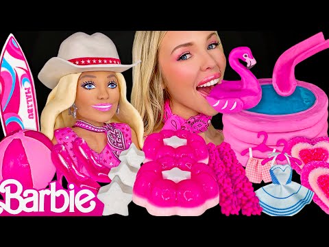 ASMR BARBIE DESSERTS MUKBANG, Pool Cake, Malibu Surfboard, Star Jelly, Flower Cookies Giveaway 먹방