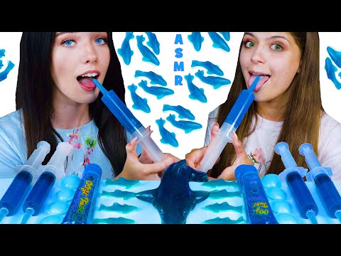 ASMR *BLUE FOOD* JELLO SHOOTER RACE, UFO WAFERS CANDY, GUMMY RACE | MUKBANG 먹방