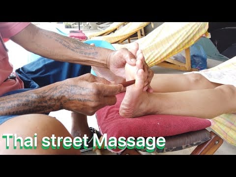 $4 CHEAP THAI FOOT MASSAGE by The River in Thailand/STREET MASSAGE /Head Shoulder Back Massage