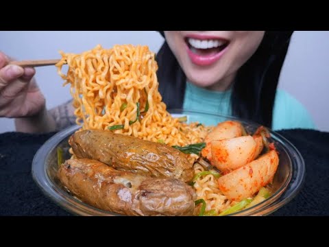 SPICY NOODLES + CHEESY SAUSAGE + RADISH KIMCHI (ASMR EATING SOUNDS) NO TALKING | SAS-ASMR