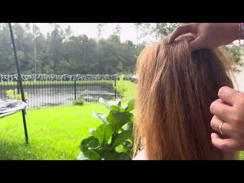 ASMR 🌧️ Rain Sound 🌧️ Outdoor Hair Brushing , Scalp Scrunching, Head Massage - Hair Play in backyard