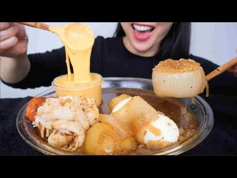 LOBSTER TAIL EGGS ONION BOIL + CHEESE SAUCE (ASMR EATING SOUNDS) NO TALKING | SAS-ASMR