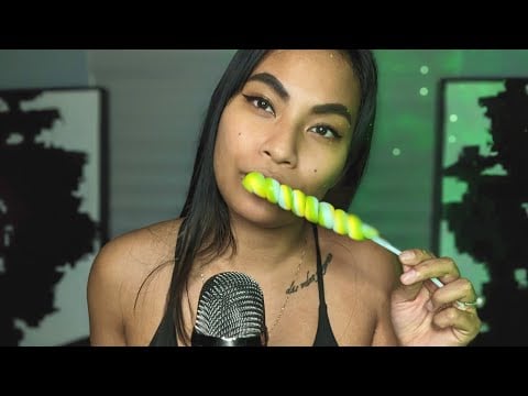 ASMR Green Apple Unicorn Lollipop And Gummy Sour Pops , Eating Mouth Sounds