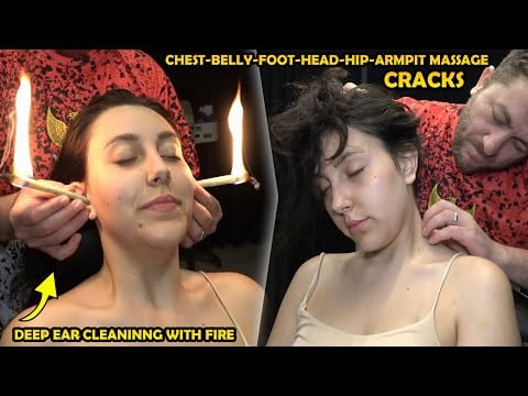 I CLEANED THE LADY'S EARS WITH FIRE + CRACKS + ASMR head,face,chest,belly,foot,back,armpit massage