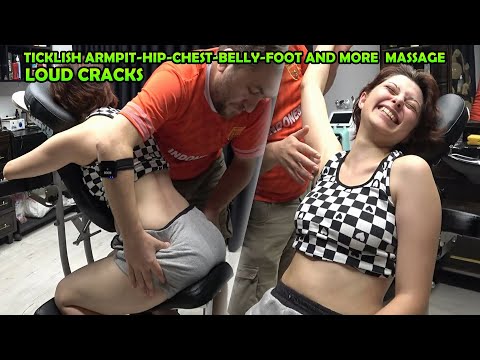 THIS LADY IS TICKLISH EVERYWHERE + CRACKS + ASMR head,face,armpit,foot,chest,belly,hip,back massage