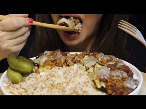 DELICIOUS KARNI YARIK TURKISH STUFFED EGGPLANT MINCED BEEF VERMICELLI RICE PICKLES #asmr #mukbang