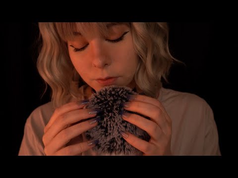 ASMR | "relax" cosy whispering & slow fluffy mic scratching - rain and campfire ambience