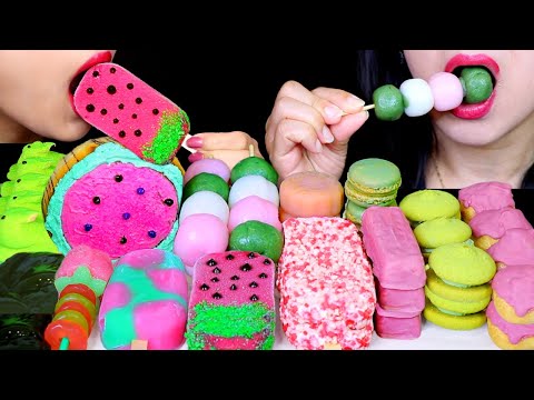 ASMR WATERMELON ICE CREAM BARS, DANGO, WARABI MOCHI, ROSE JELLY, CREAM PUFFS, MACARON, MOONCAKES 먹방