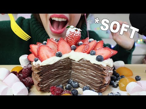 ASMR CHOCOLATE CREPE CAKE with Strawberries (SOFT Eating Sounds)