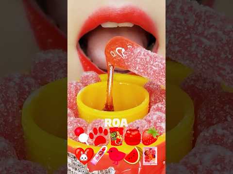 Red Color Food Emoji Challenge Juicy Drop, Honey Jelly, Sugar Amber Eating Sounds [ASMR MUKBANG]