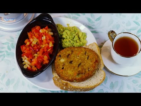 Garden Burger with Peppers & Onion + Tea ASMR Eating Sounds