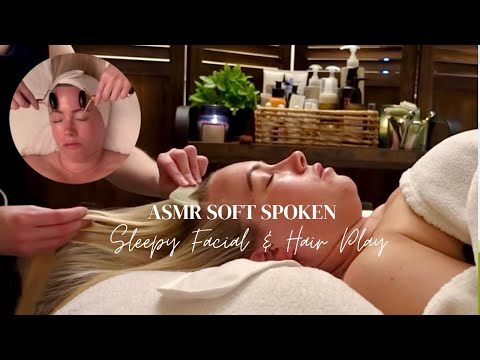 ASMR Soft spoken Sleepy Spa Facial | Obsidian Rollers, Jade comb & Gentle Hair Play to De-stress.