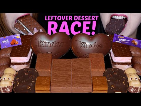 ASMR EXTREME LEFTOVER DESSERT RACE! DARK CHOCOLATE DOVE ICE CREAM BARS, MILKA CAKES, CADBURY, KINDER