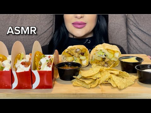 ASMR HUGE Moe’s Mexican Burrito Mukbang (tacos, chips & queso)