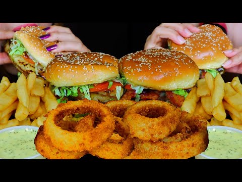 ASMR EATING GIANT CRUNCHY ONION RINGS, CHEESEBURGERS & FRIES! *BIG BITES* RANCH +HONEY MUSTARD 먹방