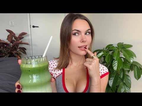 ASMR Drinking Iced Matcha 🍵 (mouth sounds, glass tapping, drink swirling)