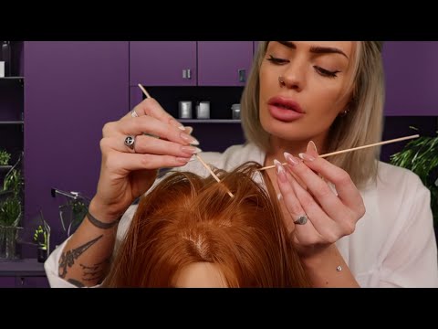 ASMR Dermatologist Scalp Check w/ sticks, scalp scratching & hair brushing 💜 (hair play / roleplay)