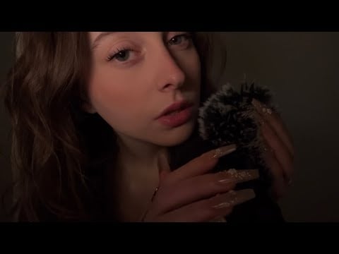 ASMR slow whispers, mic scratching (bare/fluffy), trigger words, mouth sounds, personal attention
