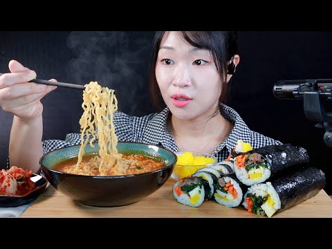 ASMR Shin Ramen Noodles and Gimbap Eating Sounds | MINEE EATS