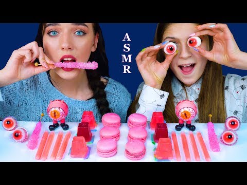 ASMR PINK FOODS BUBBLE GUM EYEBALLS, WAX STICKS, STRAWBERRY MACARON, JELLY CUPS EATING SOUNDS