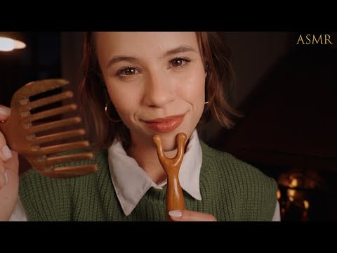 ASMR Massagem Mãos e Objetos de Madeira na Cabeça e Ombros + Sons de fogueira 🔥