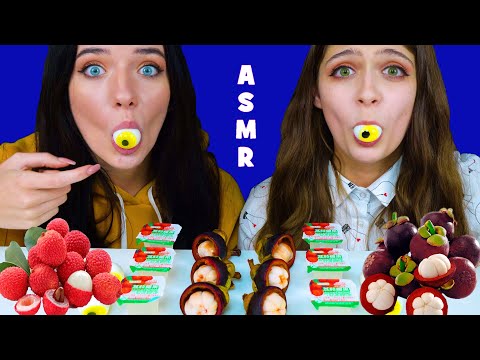 ASMR LYCHEE, MANGOSTEEN, JELLY NOODLES, GUMMY EYEBALLS CANDY RACE 먹방 EATING SOUNDS