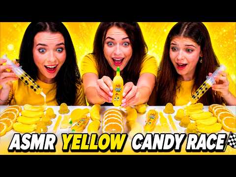 ASMR Yellow Candy Race VS Pink and Green Food Compilation