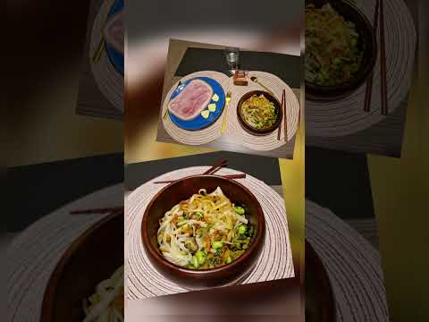 Petit repas léger du dimanche, jambon blanc à la coupe et nouilles de riz aux légumes à l'asiatique.