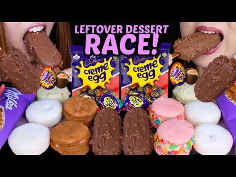 ASMR LEFTOVER DESSERT RACE! Cadbury creme eggs, Ferrero Rocher eggs, Milka strawberry cream mochi 먹방