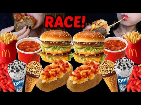 ASMR McDonald's vs Wendy's RACE! Oreo ice cream cones, Big Mac, Cheesy bacon potatoes, chili 먹방