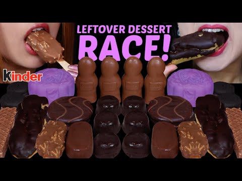 ASMR LEFTOVER DESSERT RACE! KINDER CHOCOLATE FIGURINES, BIG CHOCOLATE CREAM PUFFS, MINI ICE CREAM 먹방