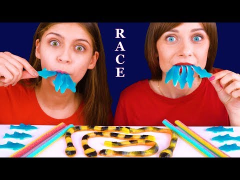 ASMR GUMMY CANDY RACE NO HANDS (SOUR STRAWS, GUMMY SHARKS, GUMMY SNAKE) Eating Sound Lilibu