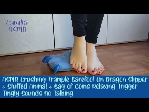 ASMR Crushing Trample Barefoot On Dragon Slipper & Stuffed Animal & Bag of Coins Tingly Sounds